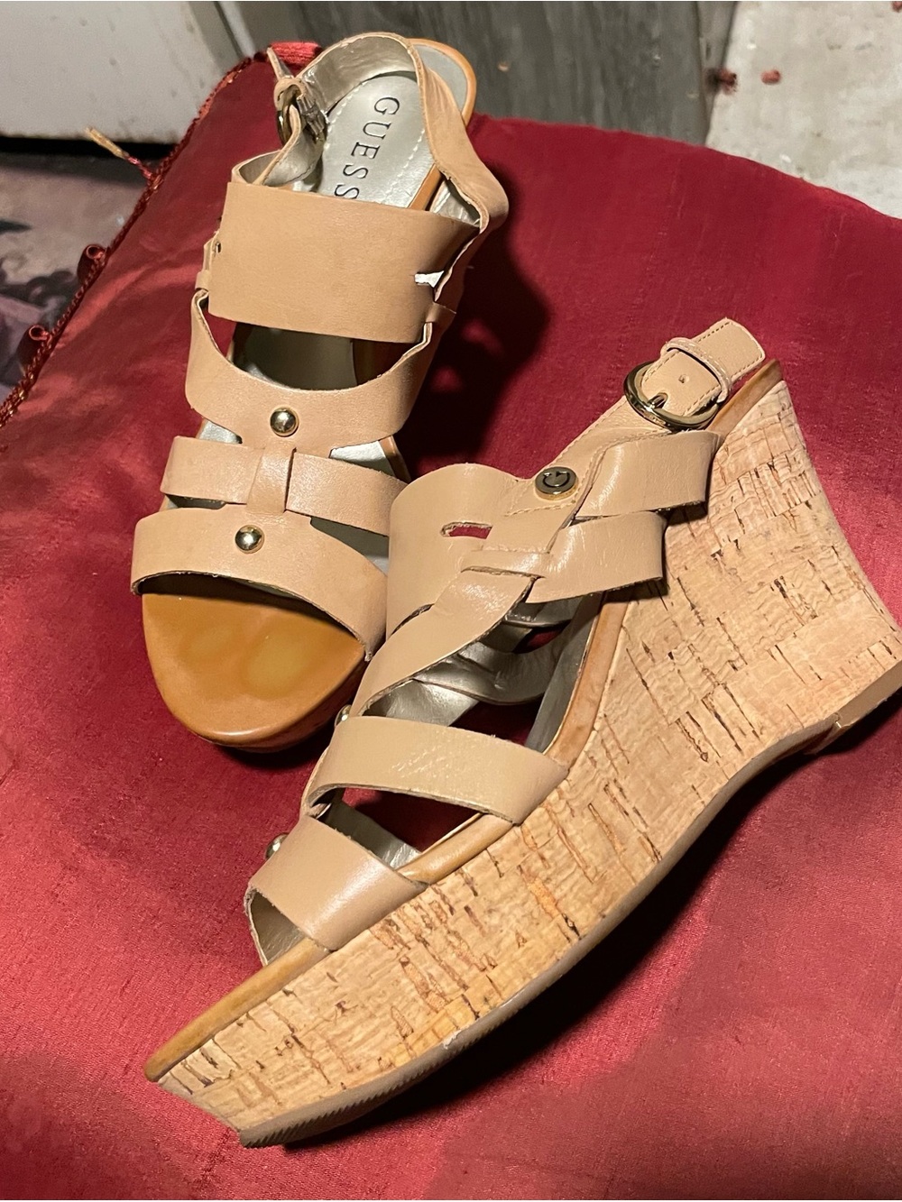 GUESS Tan Cork Wedge Sandals with Strappy Leather Upper Size 7
